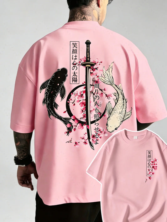 Summer Hot Japanese Yin Yang Koi Fish & Samurai Sword Pattern Cotton Men’s T-Shirt Short Sleeve Tees Casual Oversized Unisex Top