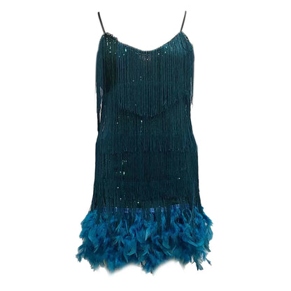 Elegant Dress Stretchy Tassel Sequins Decor Sexy Bodycon Mini Dress Pure Colors Above Knee Summer Dress Club Wear