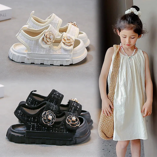 Rose Sweet Style Sandals Summer Solid Color Girls Baby Sandals Open Toe Small PU Slipper Shoes Size 21-35