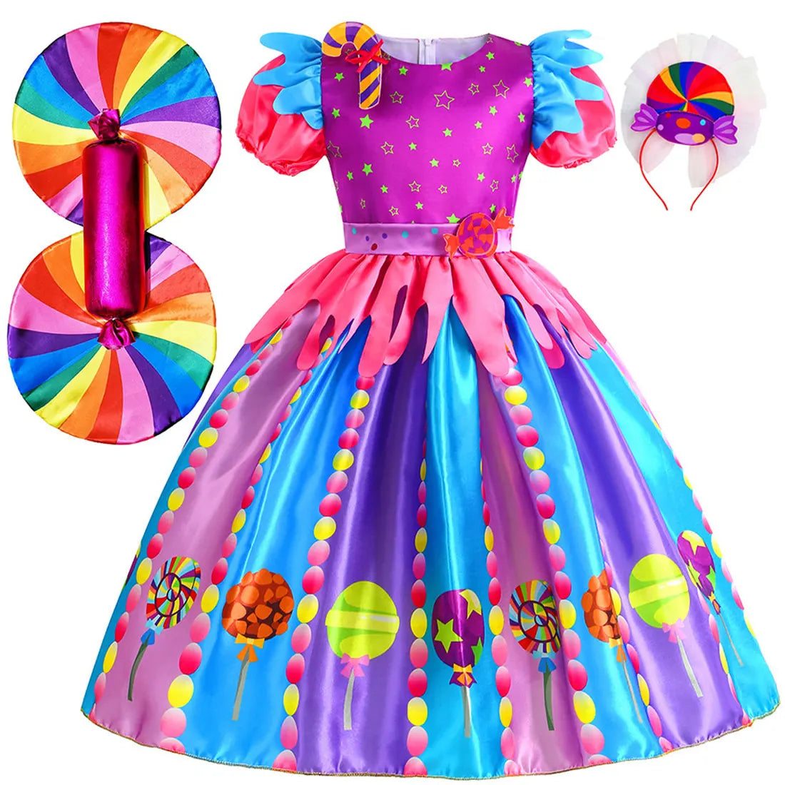 Sweet Lollipop Candy Girl Dress Rainbow Tutu Children's Birthday Carnival Party Costume Kids' Fancy Wedding Clothes