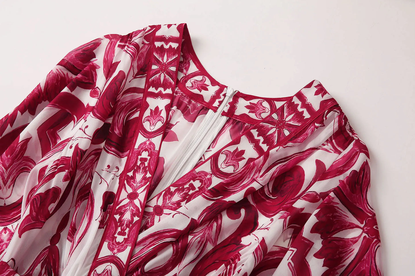 Red Blue And White Porcelain Print Holiday Dress Summer Vintage Bohemia Dress Women's  Loose Lace Up Belt Long Robe Vestido