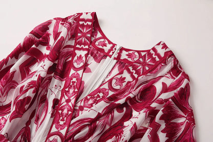 Red Blue And White Porcelain Print Holiday Dress Summer Vintage Bohemia Dress Women's  Loose Lace Up Belt Long Robe Vestido