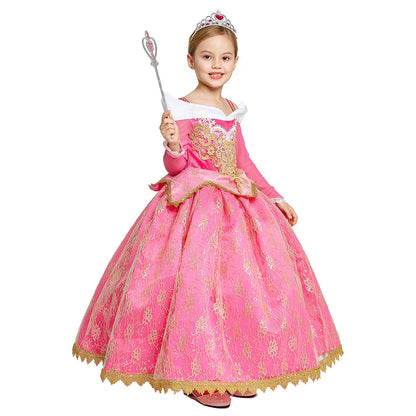 Girls Princess Dress Sleeping Beauty Aurora Cosplay Costume 2025 Kids Carnival Birthday Party Pink  Long Sleeve  Evening Dresses