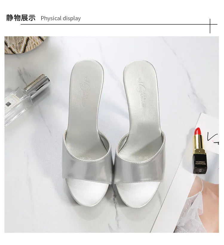 Slippers Women Summer 2022 New Black High Heels 13 CM  Color Club Sexy High Platform Thin  Party Girl Show Sandals  Size 34-43