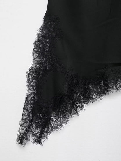 2026 Spring Women Backless Sexy Lace Splicing Halter Neck Top Summer Female Off Shoulder Asymmetrical Satin Camisole