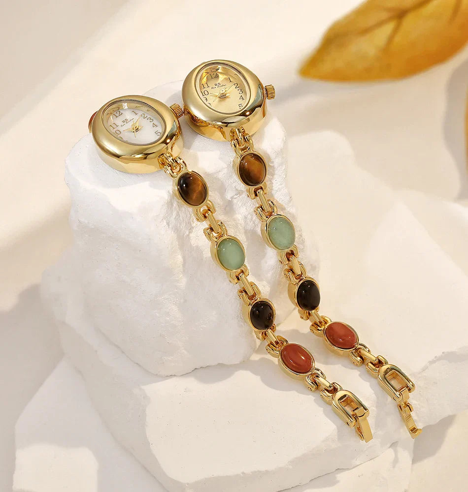 Women's watch Vintage Natural Colorful Jade Bracelet Wristwatches Clock,Luxury Elegant Small Oval Dial Quartz Watch Waterproof