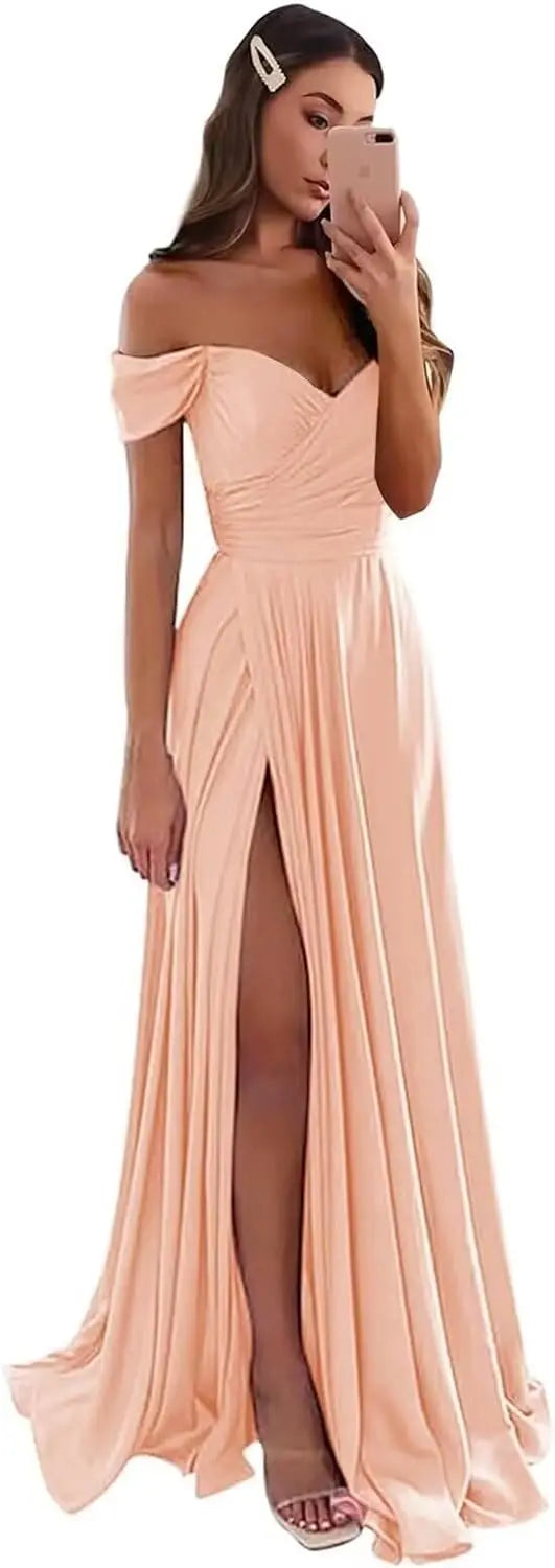 Women's Satin Prom Dresses Long Slit Formal Dresses Off Shoulder Evening Wedding Party Gowns Ruched Sweetheart Lace up Back