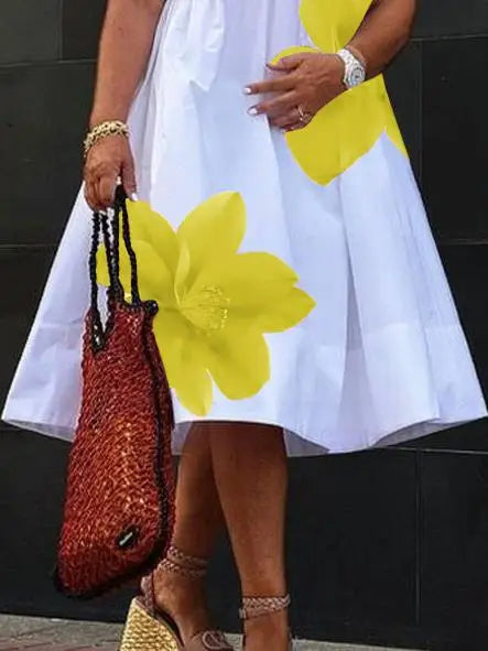 Women's Summer New Dress 2025 V-Neck Pleated Short Sleeves White Loose Flower Print Casual Midi Dresses for Woman