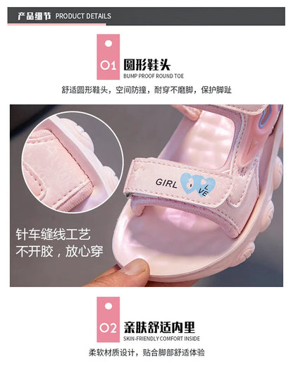 2026 New Summer Girls Sports Sandals Love Heart Decor Soft Non-Slip Beach Sandals For 3-12 Years Old Kids