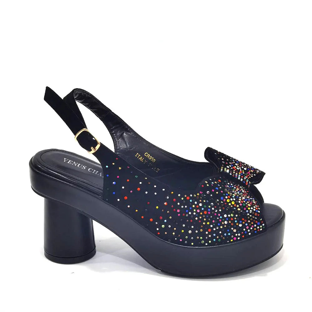 Silver Fashion Square Heels with Platform African Women Shoes and Bag Set Full Crystal Pumps for Wedding Party