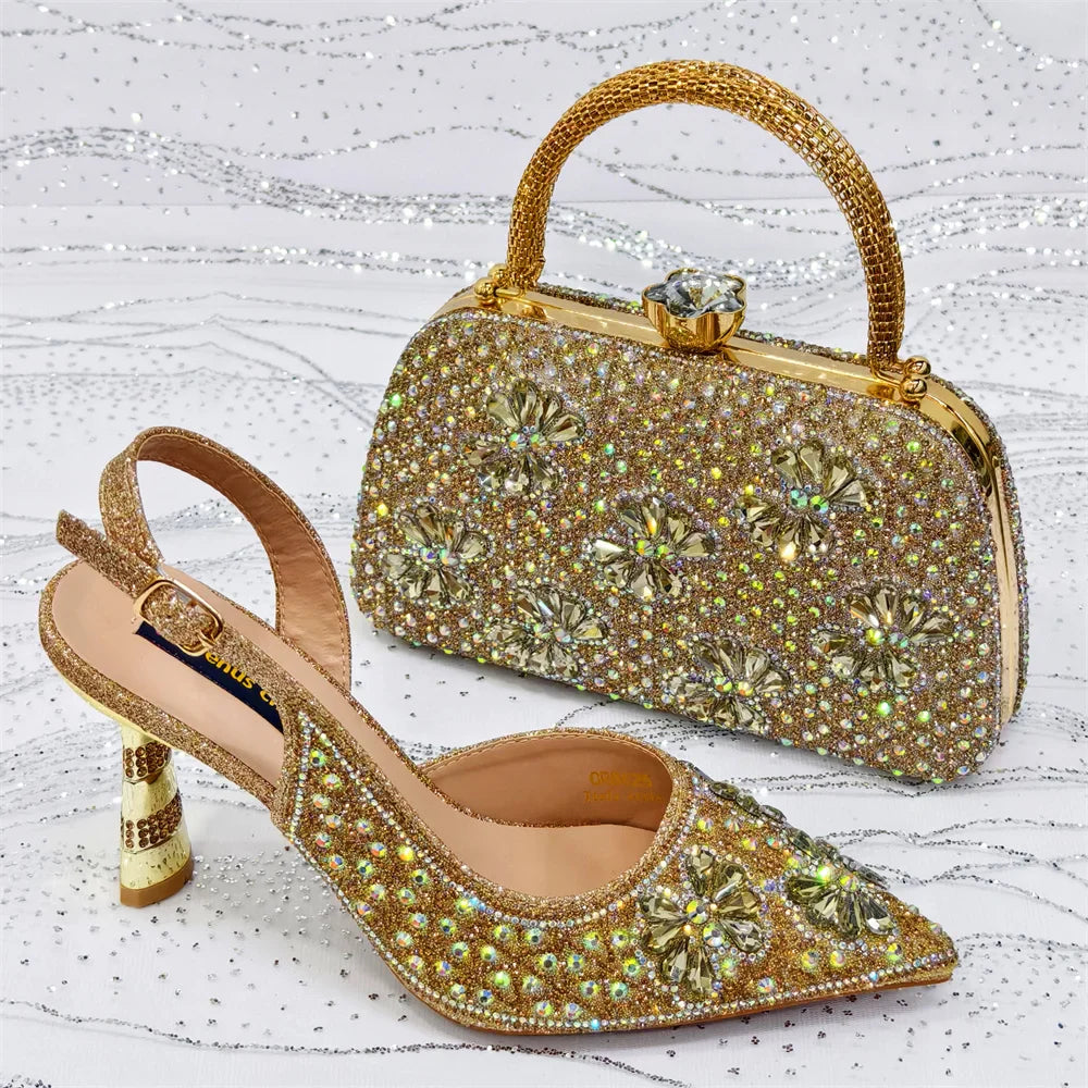 Purple High Heel Party Shoes & Rhinestone Handbag Set - Elegant Italian Design for Weddings and Special Occasion