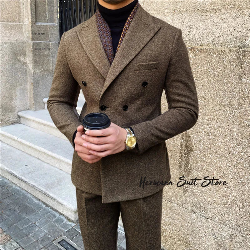 Wool Blend Men's 2 Piece Suit Set（Jacket+Pants) Double Breasted Lapel Suit Set Wedding  Prom Dinner Wrok Travel Dinner Banquet