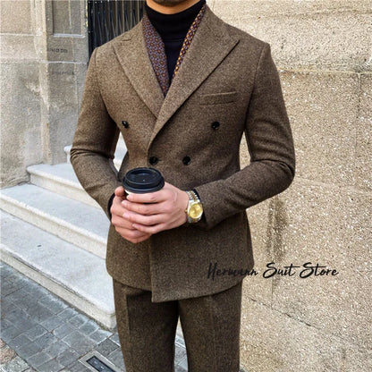 Wool Blend Men's 2 Piece Suit Set（Jacket+Pants) Double Breasted Lapel Suit Set Wedding  Prom Dinner Wrok Travel Dinner Banquet