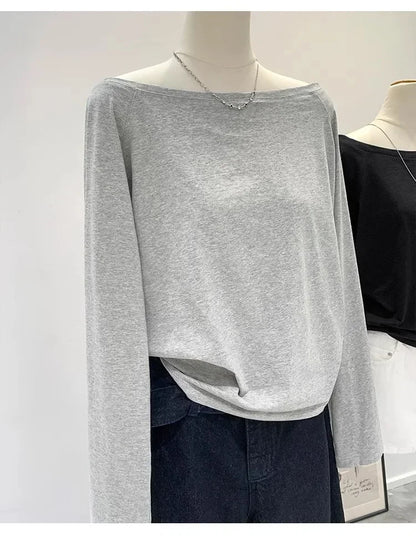 Autumn Winter One Shoulder Cotton Long Sleeve Slant Shoulder Women's Clothing Style Interior Wide Truffle Shoulder Base Shirt