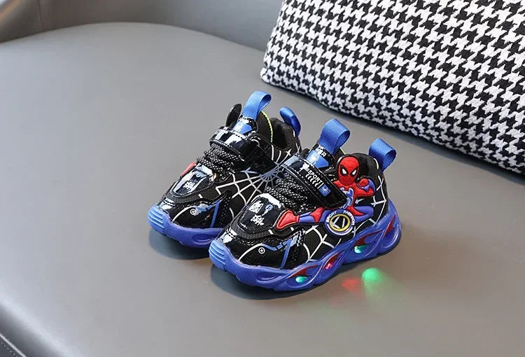 Disney Children's Sneakers Boys Cartoon Spiderman Led Light Sport Shoes Student Shoes Hook Anti-slip Kids Outdoor Shoes