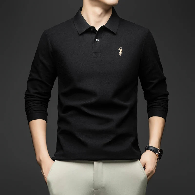 100% Pure Cotton Men's Long Sleeved Polo Shirt, Collar T-shirt, Spring and Autumn Top, No Ironing, Wrinkle Resistant Embroidery