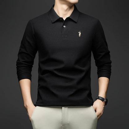 100% Pure Cotton Men's Long Sleeved Polo Shirt, Collar T-shirt, Spring and Autumn Top, No Ironing, Wrinkle Resistant Embroidery
