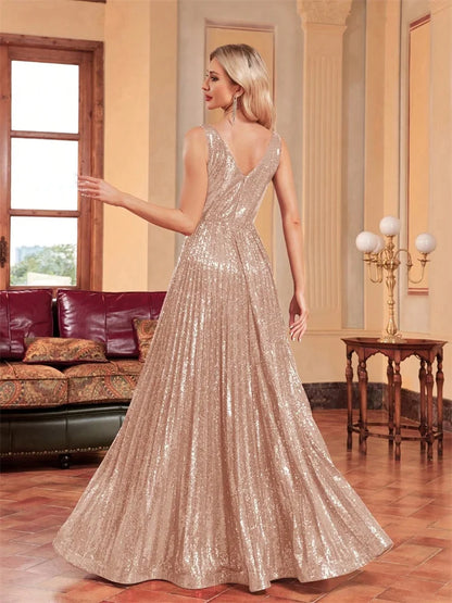 Luxury V Neck Sleeveless Formal Evening Dress Women 2024 Sequins Wedding Party Prom Maxi Cocktail Dresses Vestidos