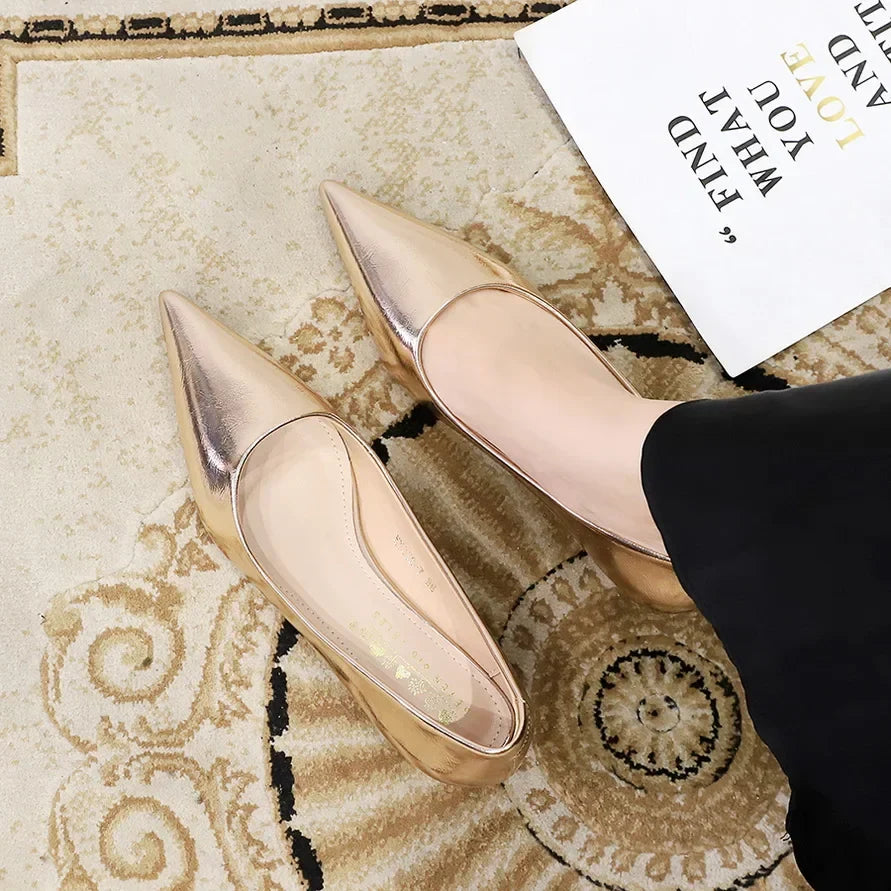 Women Comfortable 3.5cm High Heels Shallow Pointed Toe Work Pumps Lady Glossy Leather Low Heels 2024 Luxury Brand Designer Shoes