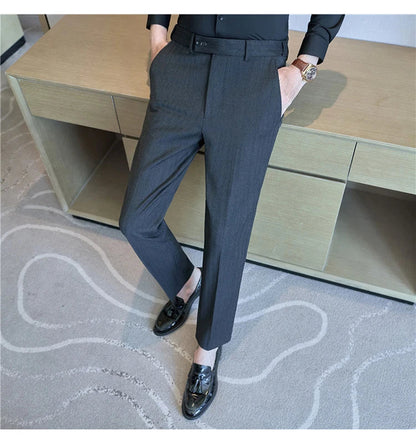 Men's Wool Blend Dress Pants, Elastic Waist Business Trousers, Tapered Slim Fit, Charcoal Gray Black Navy