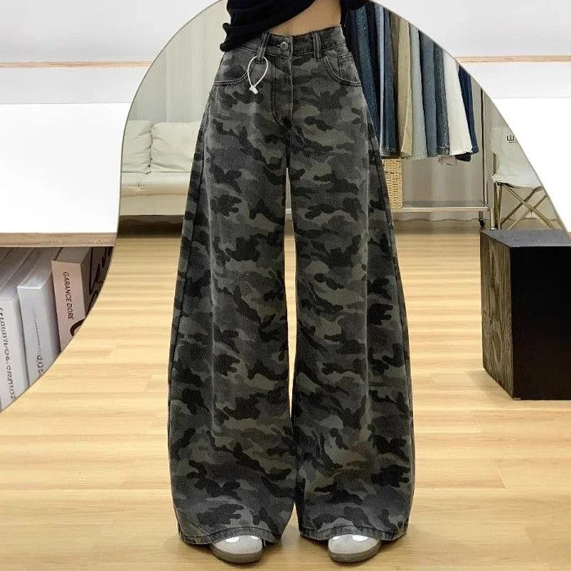 Girls High Waist Vintage Camouflage Jeans Pants