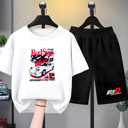 Summer Cool Boy Girl Tshirt Children T-shirt+Shorts Set Japanese manga racing car Fashion Print Toddler 3-12Yrs white clothing