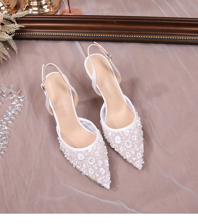 Size 34-42 2025 Summer Beaded High Heel Wedding Shoes Women Lace Mesh Party Dress Shoes