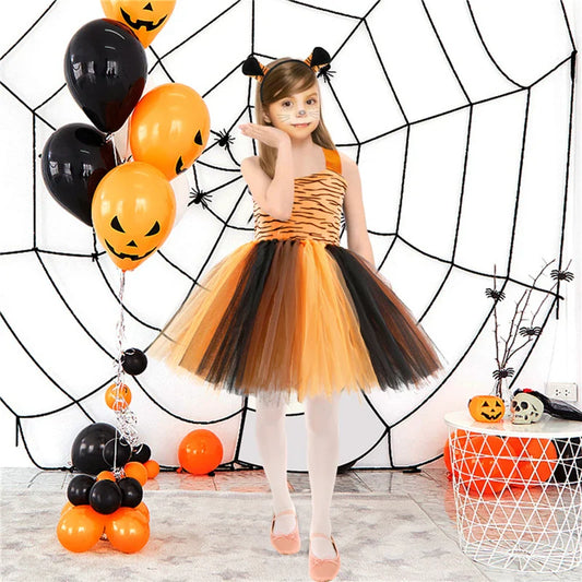Cute Leopard Tiger Cat Giraffe Tutu Dress For Girls Halloween Animal Cosplay Costume Outfit Kids Christmas Carnival Party Dress