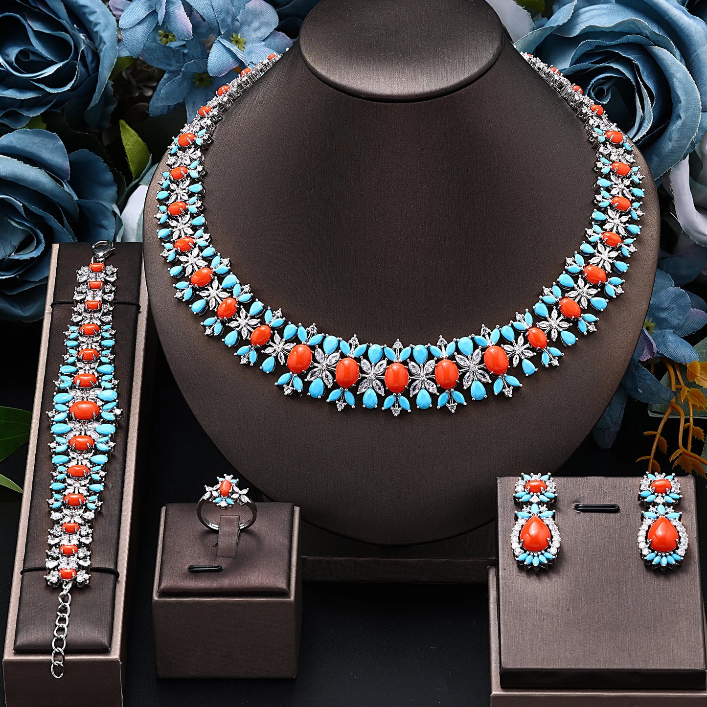 New Luxury Green Blue CZ Crystal Turquoise Earrings Necklace 4PCS Wedding Bridal Jewelry Set for Party