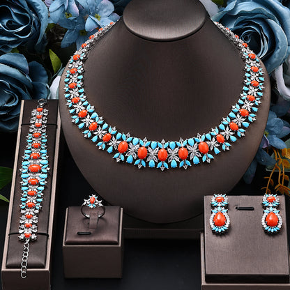 New Luxury Green Blue CZ Crystal Turquoise Earrings Necklace 4PCS Wedding Bridal Jewelry Set for Party