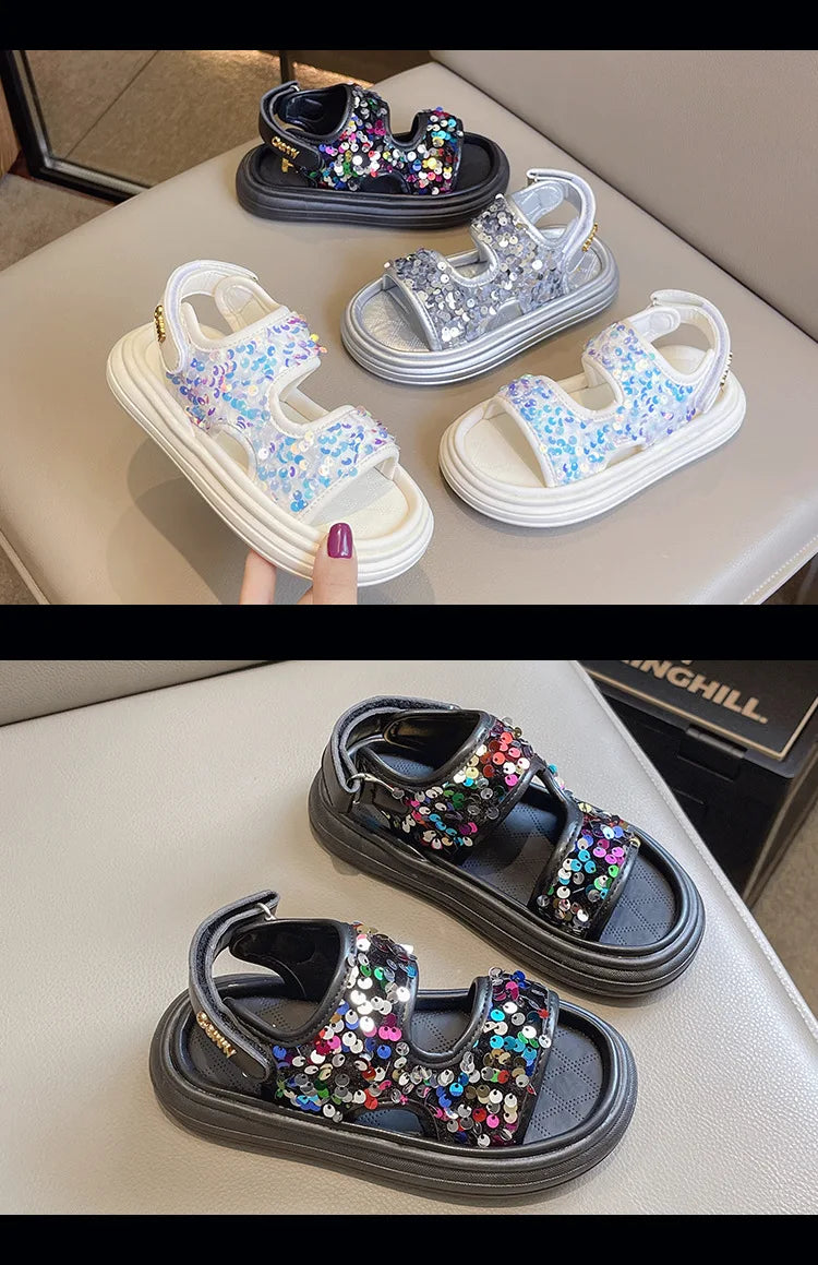Summer Children's Sandals Sequins Thick Soled Girls Causal Princess Open-toe Sandals Fashion Non-slip Kids Beach Shoes Versatile