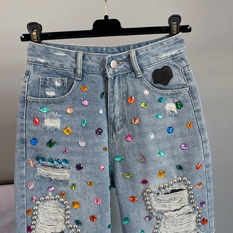 Colorful Diamond Studded Nail Bead Ripped Jeans Blue High Waisted Loose Shorts Shiny Fashionable Versatile Casual Trousers