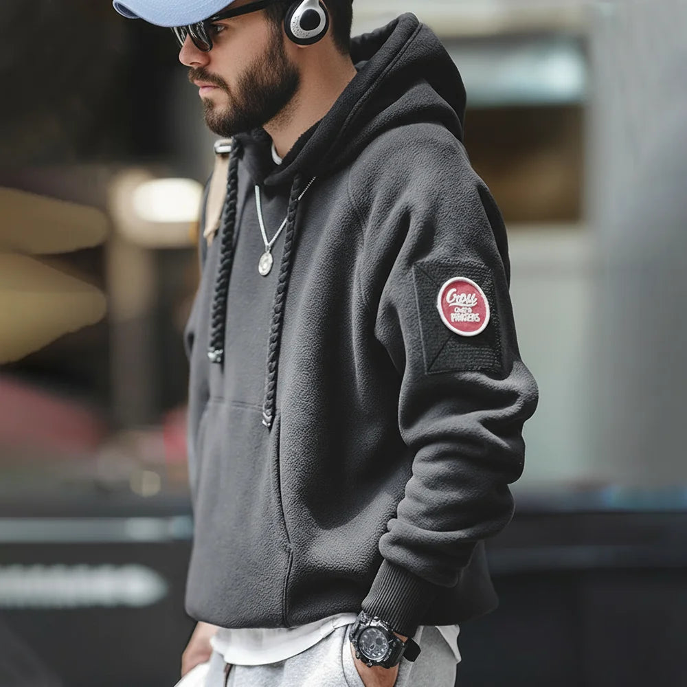 Autumn Winter Casual Heavyweight Hoodie Men's Black Versatile Thickened Fleece Pullover Loose Warm Hooded Sweatshirt