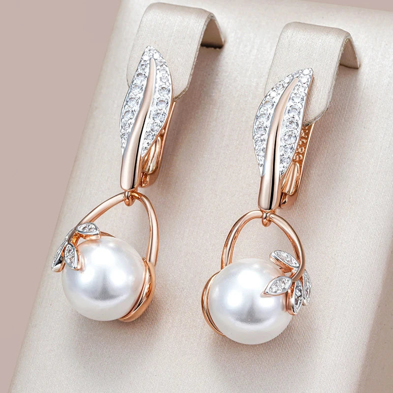 Luxury Pearl Women's Long Drop Earrings 585 Rose Gold Silver Color Ethnic Wedding Party Fine Zircon Jewelry Accessories