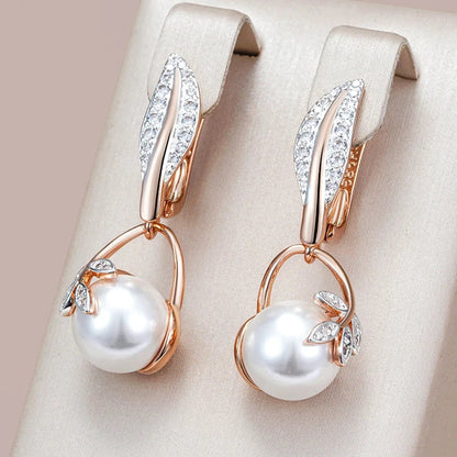 Luxury Pearl Women's Long Drop Earrings 585 Rose Gold Silver Color Ethnic Wedding Party Fine Zircon Jewelry Accessories