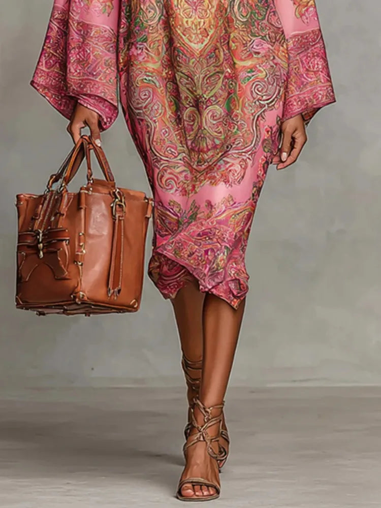 Women's Vintage Elegant Printed High Neck Kaftan Dress Long Sleeves Loose Elegant Evening Midi Dresses Robe 2026 New