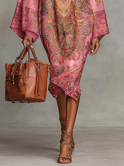 Women's Vintage Elegant Printed High Neck Kaftan Dress Long Sleeves Loose Elegant Evening Midi Dresses Robe 2026 New