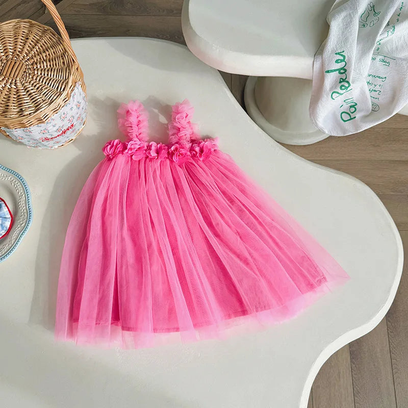 1-6 Y Girls Dresses  3D Flower A Line Dress for Girls Sleeveless Camisole Mesh Dress