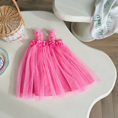 1-6 Y Girls Dresses  3D Flower A Line Dress for Girls Sleeveless Camisole Mesh Dress