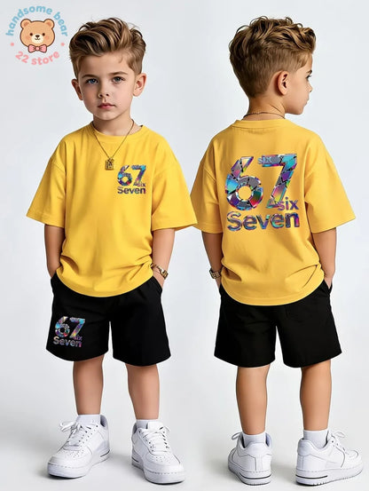 Boys Sets 67 Funny Print Kids T-Shirt Shorts Pant Set Casual Italian Brainrot Summer Top Suit for Funny Gift Children's Clothing