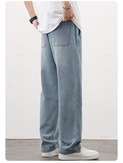 Brand Clothing High Quality Starry Sky Texture Fabric Men's Jeans Loose Straight Denim Pants Elastic Waist Drawstring Trousers