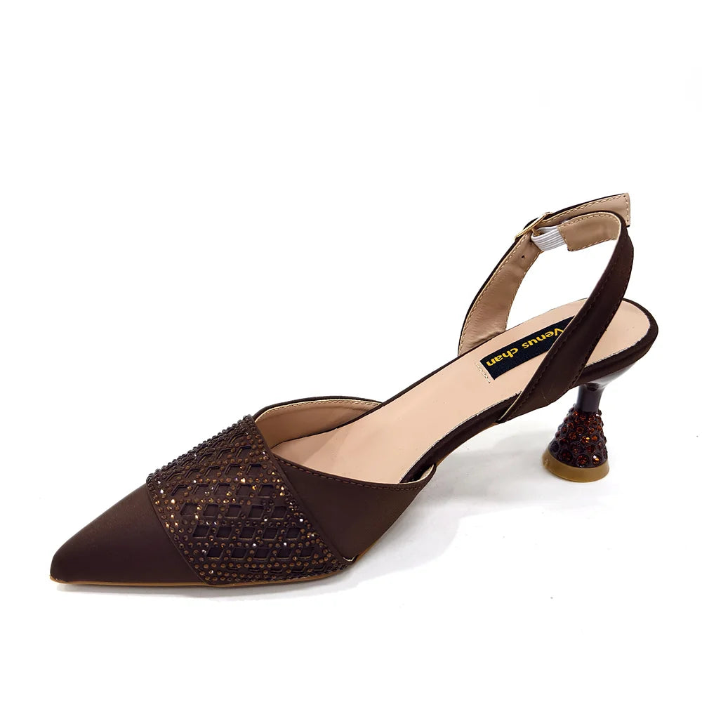 Elegant Nigerian Women’s Wine Colour Heeled Shoes and Rhinestone Handbag Set – Italian Design for Parties and Weddings