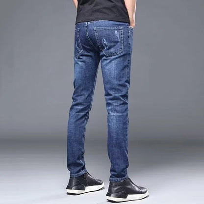 Calça Jeans Masculina Casual Elegante Clássica para Negócios Quatro Estações Preta Azul Calças de Cintura Média Leggings de Tecido Jeans Masculino