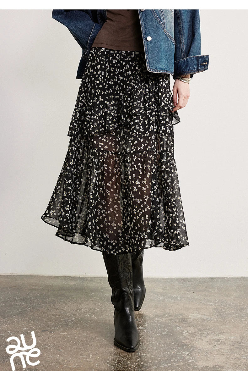 Women Chiffon Skirt 2026 Spring New Country Style Light and Flowing Floral Print Layered Ruffled Skirt