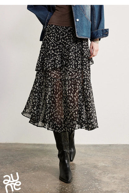 Women Chiffon Skirt 2026 Spring New Country Style Light and Flowing Floral Print Layered Ruffled Skirt