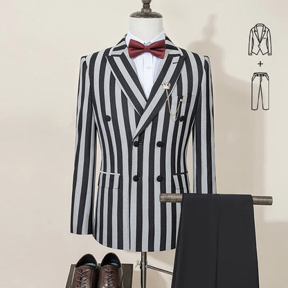 Party outfit Fashion red and black striped evening gown Double Breasted Slim Fit luxury man jacket tuxedo Men's Suit