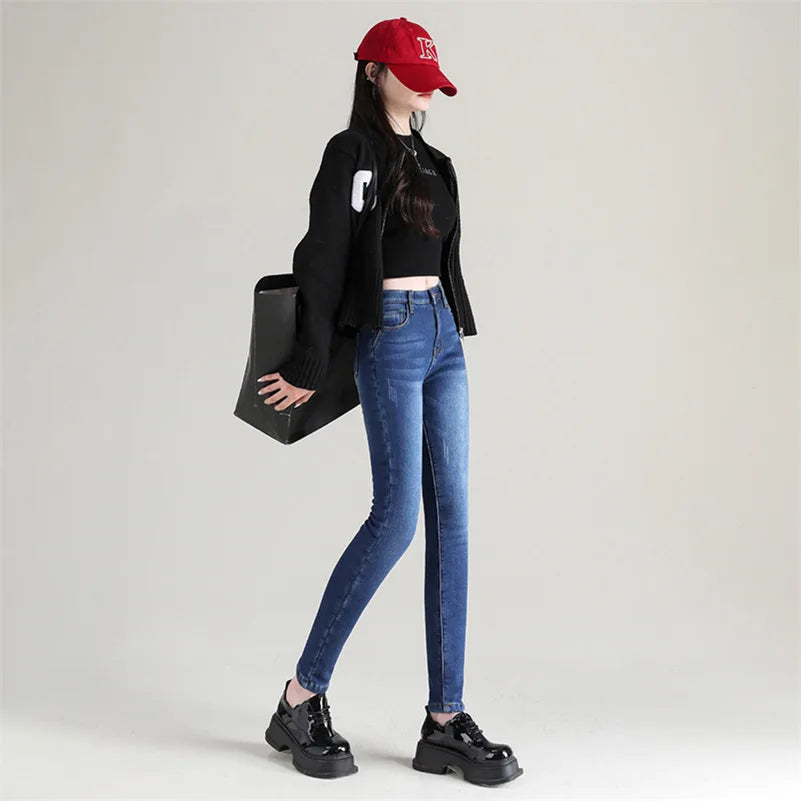 Women Thermal Jeans Winter Snow Warm Plush Stretch Jeans Lady Skinny Thicken Fleece Denim Long Pants Retro Blue Pencil Trousers
