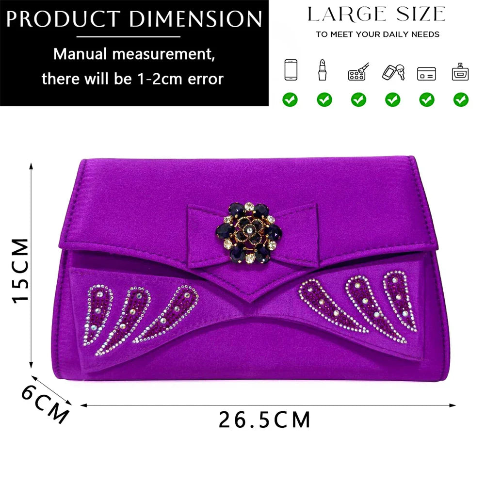 Italian Shoes and Bags Matching Set for Women Bow Rhinestones Peep Toe High Heels Purple Color Nigerian Party 2024