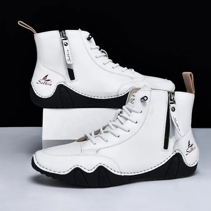 New 2025 Handmade Casual Shoes Men Sneakers Ankle Boots Leather Side Zipper Comfortable Breathable Anti-Slip Outdoor Walking