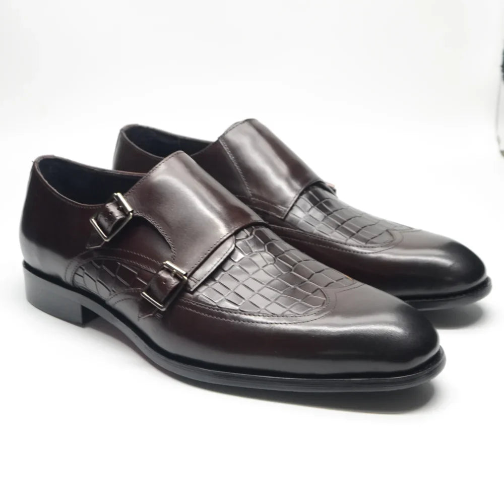 Classic Men's Genuine Leather Dress Shoes Double Buckle Monk Strap Wingtip Crocodile Print Business Office Formal Footwear Man
